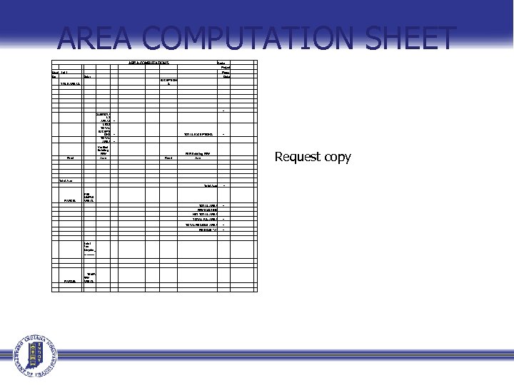AREA COMPUTATION SHEET AREA COMPUTATIONS Sheet 1 of 1 By: Date: TITLE AREAS Project