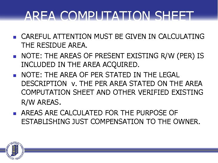 AREA COMPUTATION SHEET n n CAREFUL ATTENTION MUST BE GIVEN IN CALCULATING THE RESIDUE