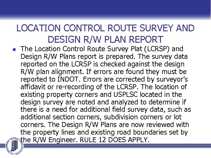 LOCATION CONTROL ROUTE SURVEY AND DESIGN R/W PLAN REPORT n The Location Control Route