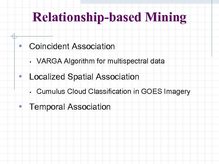 Relationship-based Mining • Coincident Association • VARGA Algorithm for multispectral data • Localized Spatial