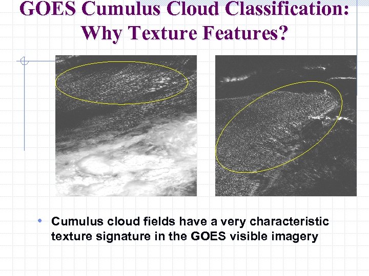 GOES Cumulus Cloud Classification: Why Texture Features? • Cumulus cloud fields have a very