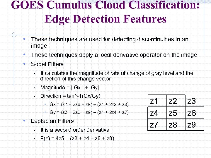 GOES Cumulus Cloud Classification: Edge Detection Features • These techniques are used for detecting