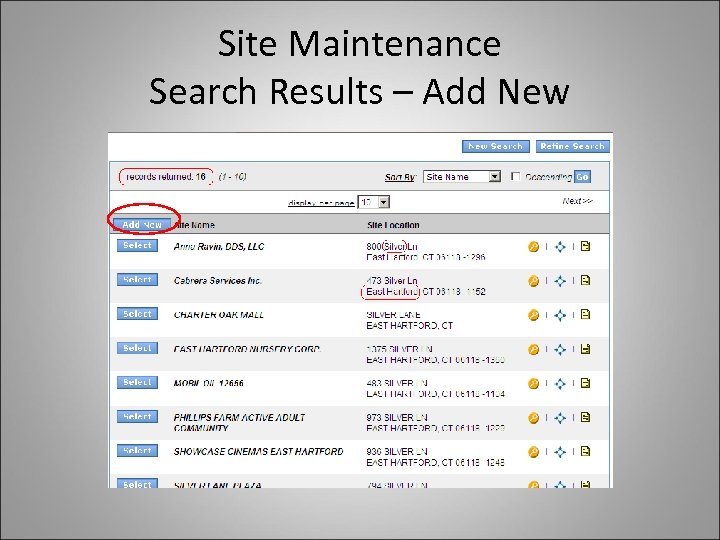 Site Maintenance Search Results – Add New 