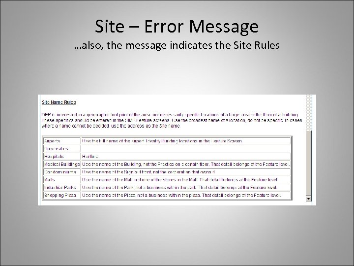 Site – Error Message …also, the message indicates the Site Rules 