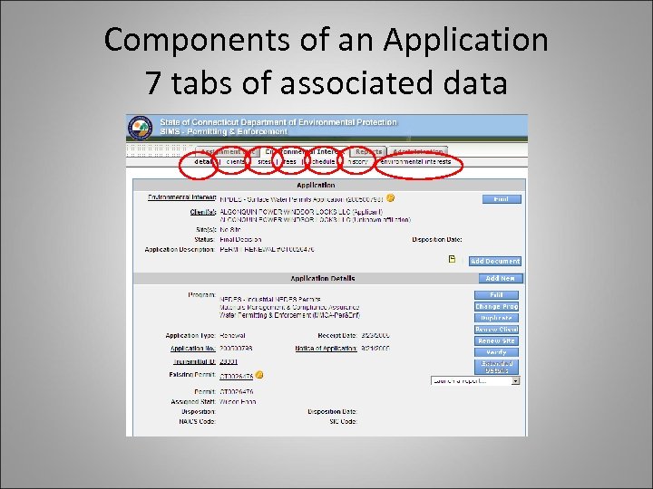 Components of an Application 7 tabs of associated data 