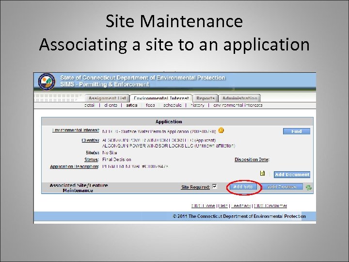 Site Maintenance Associating a site to an application 