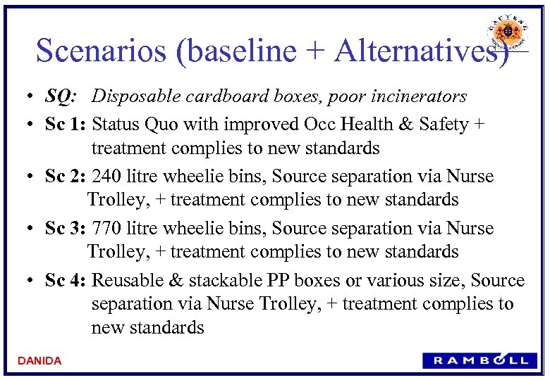 Scenarios (baseline + Alternatives) • SQ: Disposable cardboard boxes, poor incinerators • Sc 1: