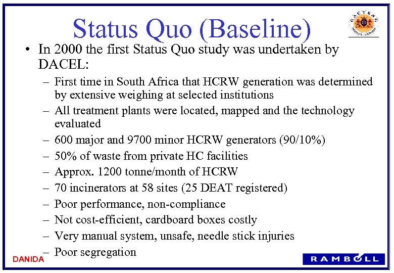 Status Quo (Baseline) • In 2000 the first Status Quo study was undertaken by