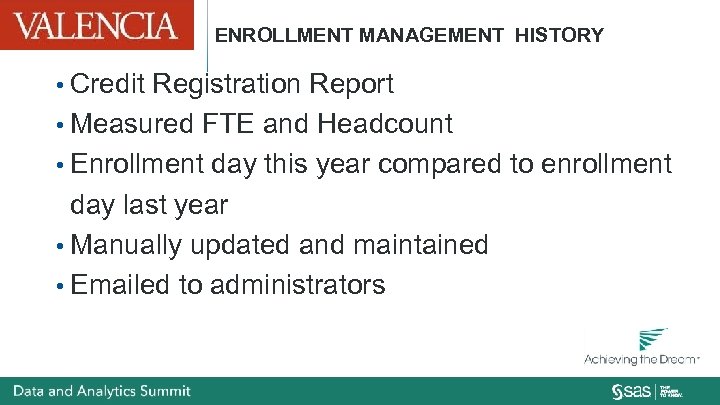 ENROLLMENT MANAGEMENT HISTORY • Credit Registration Report • Measured FTE and Headcount • Enrollment