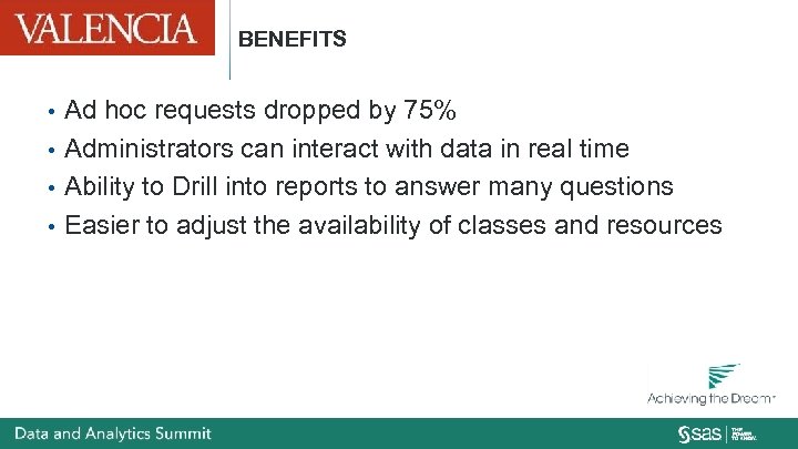 BENEFITS Ad hoc requests dropped by 75% • Administrators can interact with data in