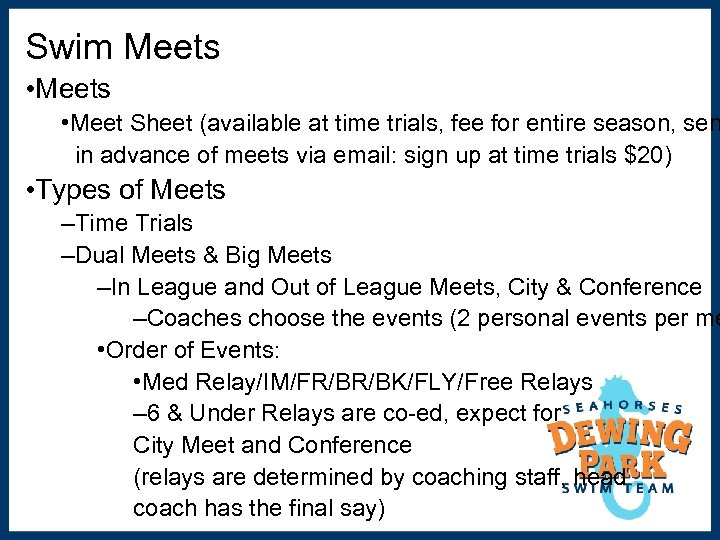 Swim Meets • Meets • Meet Sheet (available at time trials, fee for entire
