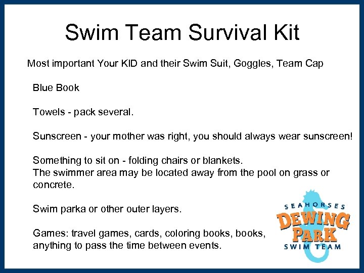 Swim Team Survival Kit Most important Your KID and their Swim Suit, Goggles, Team