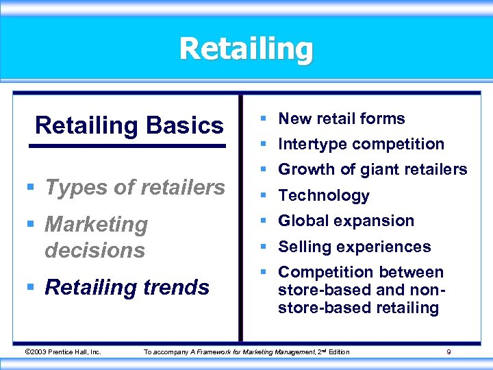 Retailing Basics § Types of retailers § Marketing decisions § Retailing trends © 2003