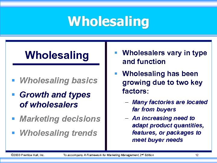 Wholesaling § Wholesaling basics § Growth and types of wholesalers § Marketing decisions §