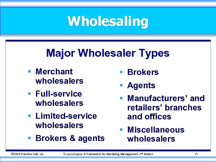 Wholesaling Major Wholesaler Types § Merchant wholesalers § Full-service wholesalers § Limited-service wholesalers §