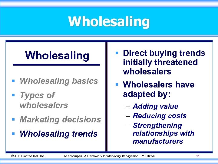 Wholesaling § Wholesaling basics § Types of wholesalers § Marketing decisions § Wholesaling trends