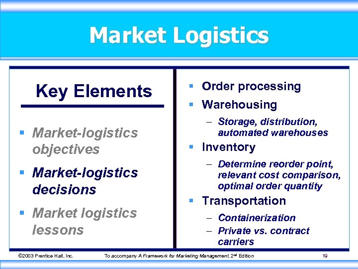 Market Logistics Key Elements § Market-logistics objectives § Market-logistics decisions § Market logistics lessons