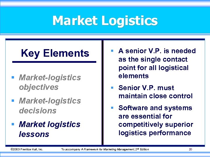 Market Logistics Key Elements § Market-logistics objectives § Market-logistics decisions § Market logistics lessons