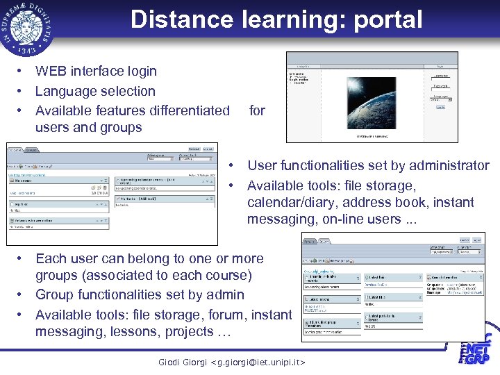 Distance learning: portal • WEB interface login • Language selection • Available features differentiated