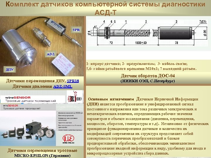 Комплект датчиков компьютерной системы диагностики АСД-Т SPR ADZ 1 - корпус датчика; 2 -