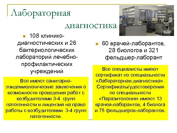 Лабораторная диагностика 108 клиникодиагностических и 26 бактериологических лабораторий лечебнопрофилактических учреждений n Все имеют санитарноэпидемиологические