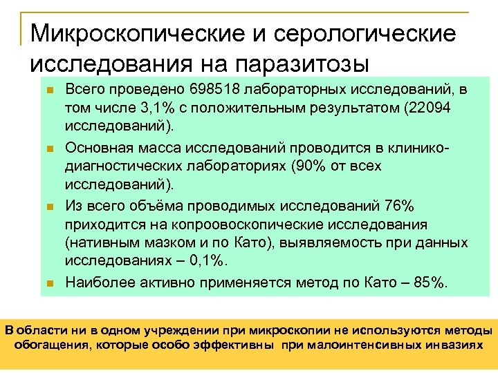 Микроскопические и серологические исследования на паразитозы n n Всего проведено 698518 лабораторных исследований, в