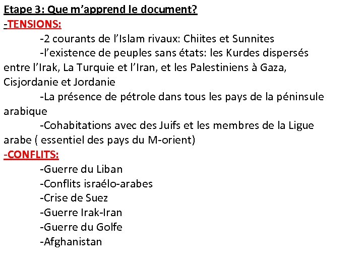 Etape 3: Que m’apprend le document? -TENSIONS: -2 courants de l’Islam rivaux: Chiites et