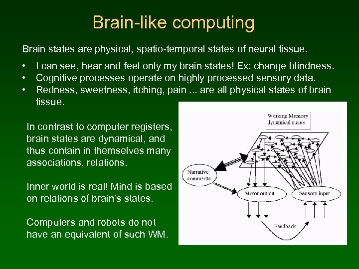 Brain-like computing Brain states are physical, spatio-temporal states of neural tissue. • • •