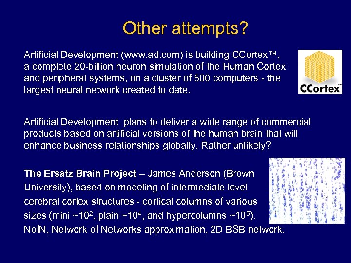 Other attempts? Artificial Development (www. ad. com) is building CCortex™, a complete 20 -billion