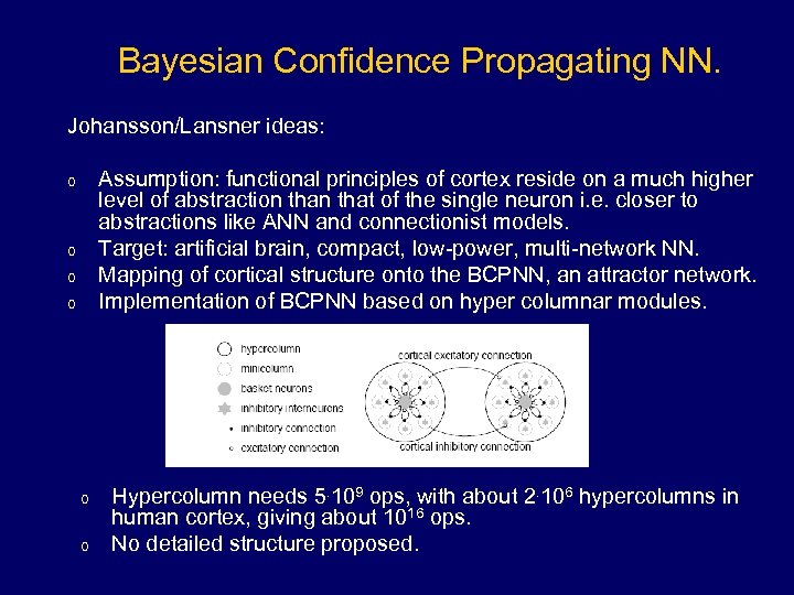 Bayesian Confidence Propagating NN. Johansson/Lansner ideas: Assumption: functional principles of cortex reside on a