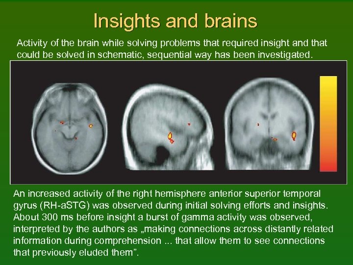 Insights and brains Activity of the brain while solving problems that required insight and