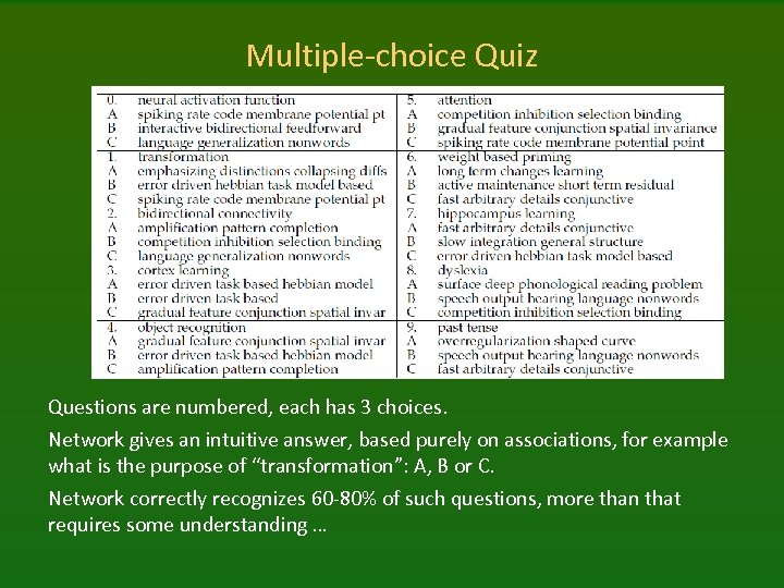 Multiple-choice Quiz Questions are numbered, each has 3 choices. Network gives an intuitive answer,