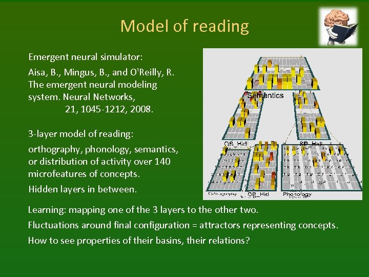 Model of reading Emergent neural simulator: Aisa, B. , Mingus, B. , and O'Reilly,