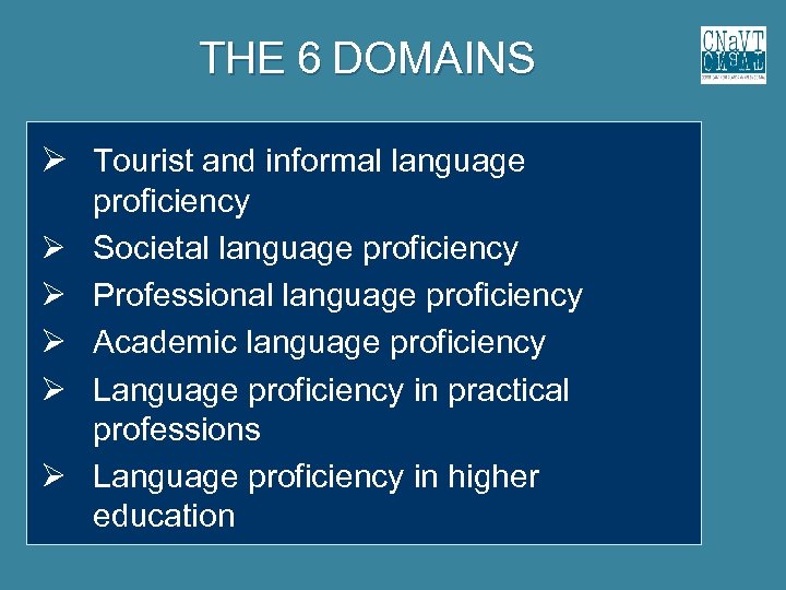 THE 6 DOMAINS Tourist and informal language proficiency Societal language proficiency Professional language proficiency