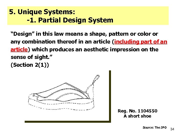 5. Unique Systems: -1. Partial Design System “Design” in this law means a shape,
