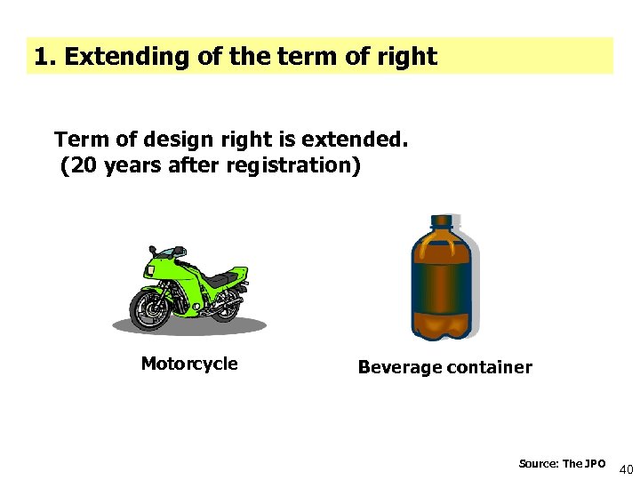 1. Extending of the term of right Term of design right is extended. (20