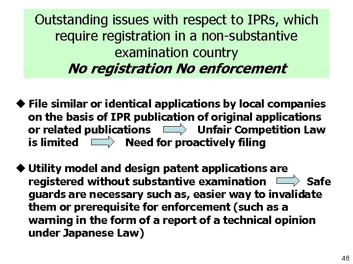 Outstanding issues with respect to IPRs, which require registration in a non-substantive examination country