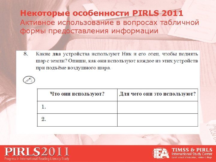 Некоторые особенности PIRLS 2011 Активное использование в вопросах табличной формы предоставления информации 