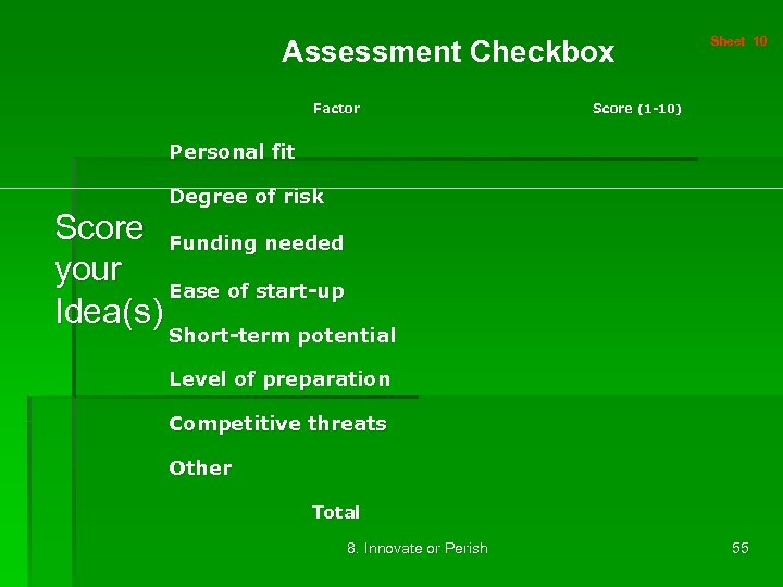 Assessment Checkbox Factor Sheet 10 Score (1 -10) Personal fit Degree of risk Score
