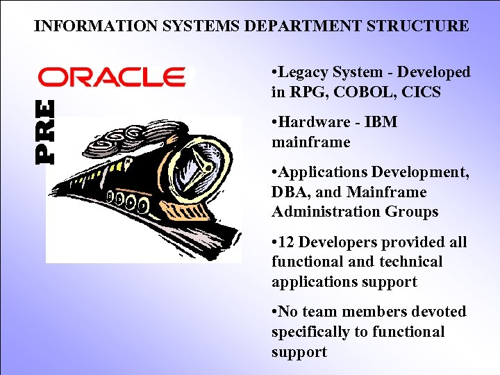 PRE INFORMATION SYSTEMS DEPARTMENT STRUCTURE • Legacy System - Developed in RPG, COBOL, CICS