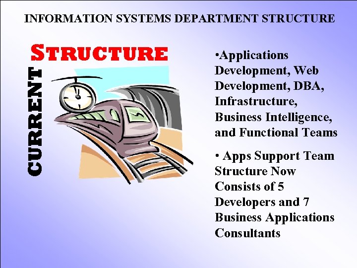 INFORMATION SYSTEMS DEPARTMENT STRUCTURE CURRENT STRUCTURE • Applications Development, Web Development, DBA, Infrastructure, Business