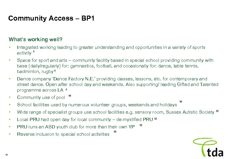 Community Access – BP 1 What’s working well? • • Space for sport and