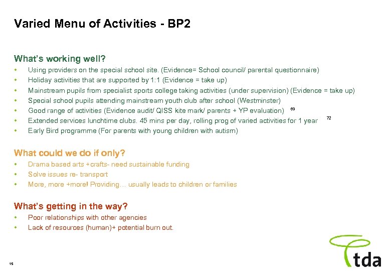 Varied Menu of Activities - BP 2 What’s working well? • • Using providers