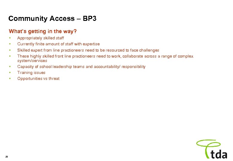 Community Access – BP 3 What’s getting in the way? • • 28 Appropriately