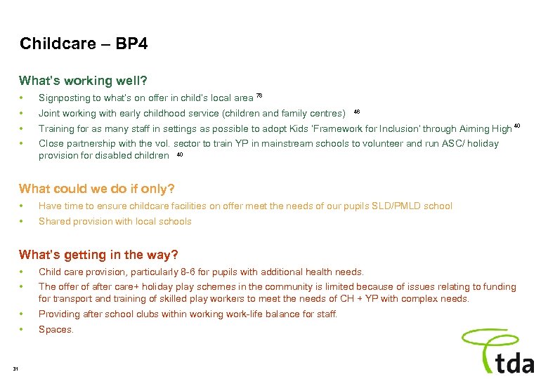 Childcare – BP 4 What’s working well? • Signposting to what’s on offer in