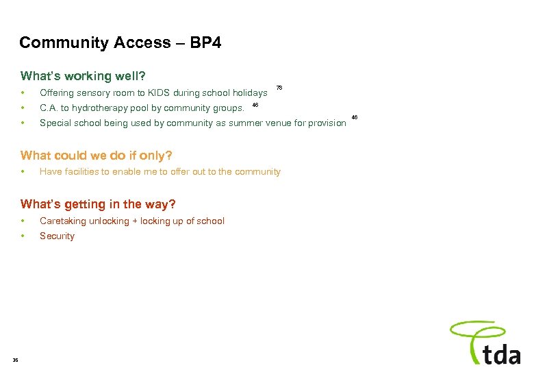 Community Access – BP 4 What’s working well? 78 • Offering sensory room to