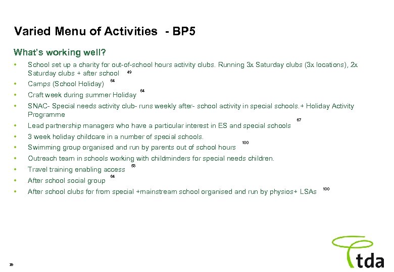 Varied Menu of Activities - BP 5 What’s working well? • • Camps (School