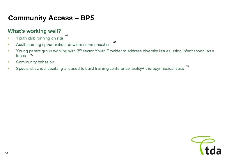 Community Access – BP 5 What’s working well? 62 • • Adult learning opportunities