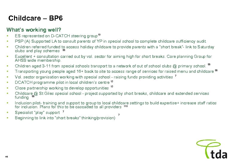 Childcare – BP 6 What’s working well? • • • • 45 ES represented