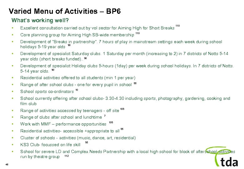 Varied Menu of Activities – BP 6 What’s working well? 110 • • Core